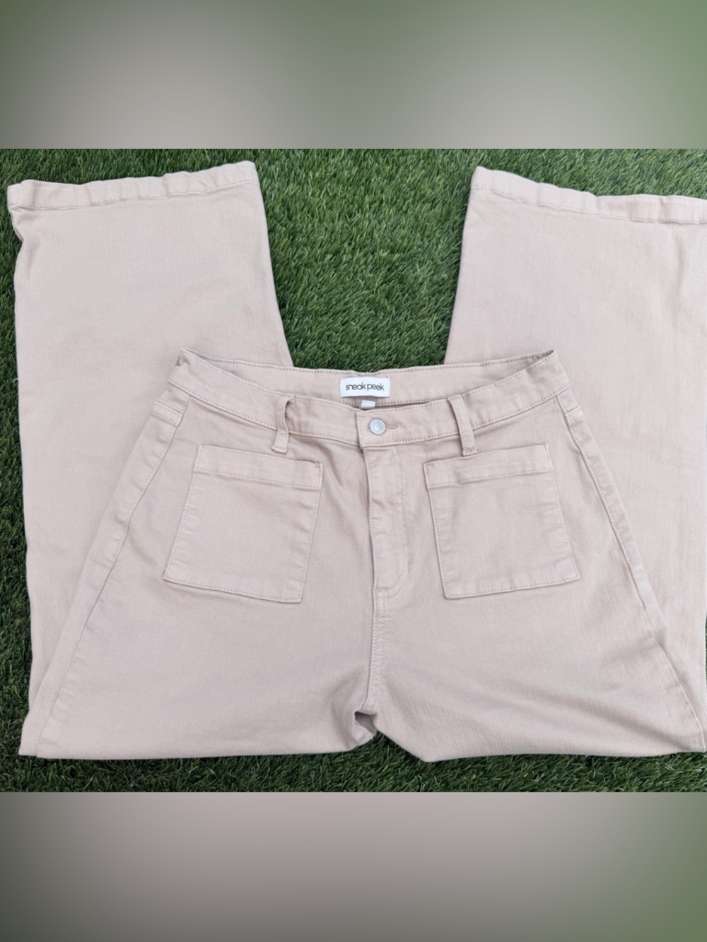 Sneak Peek Tan Cropped Wide Leg Jeans with Patch Pockets